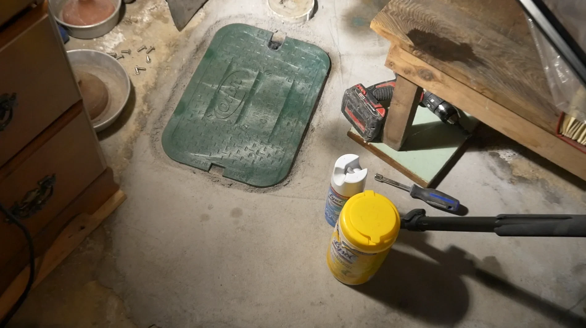 Basement access covers near flood-protection plumbing