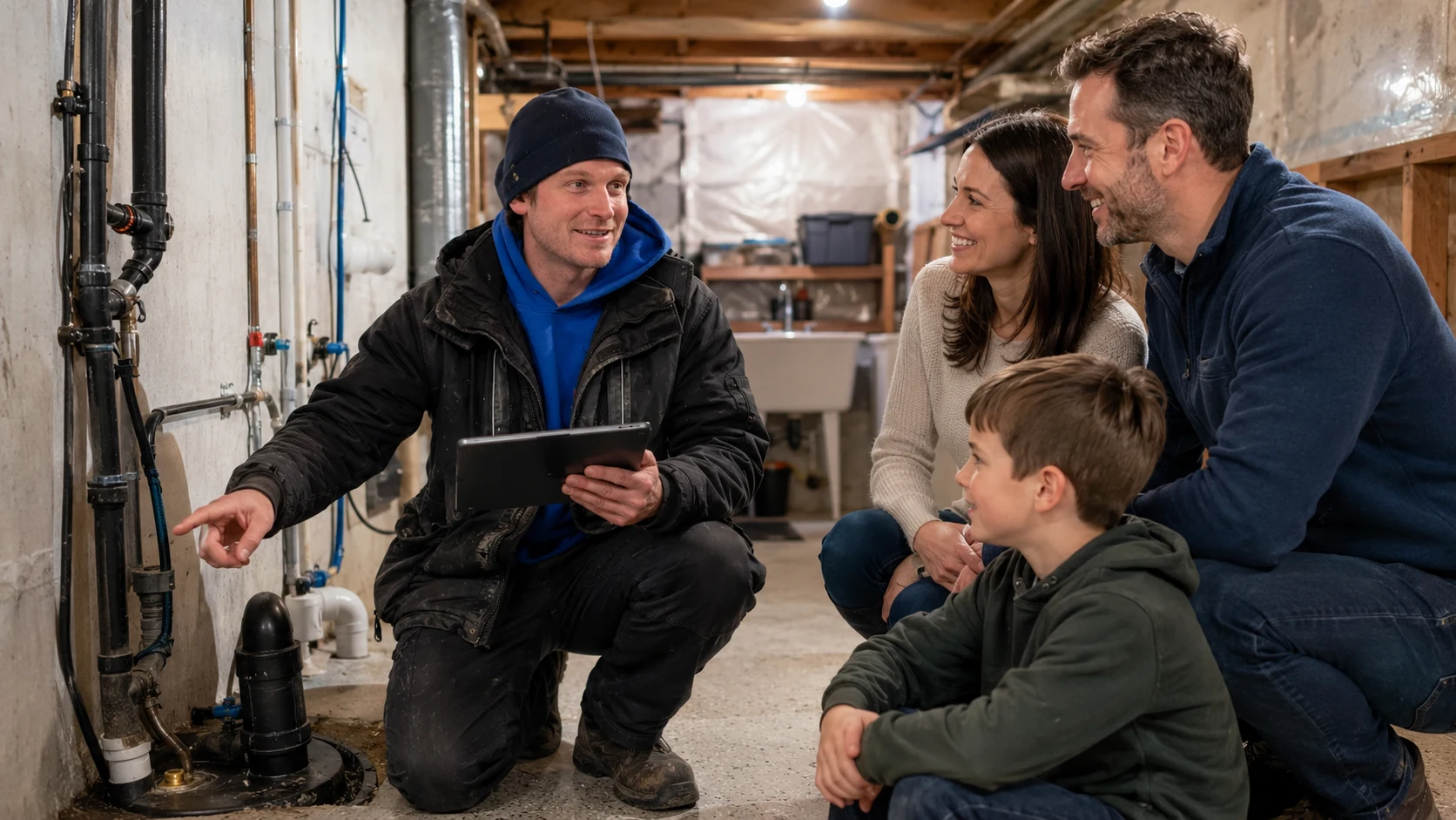Matt Ouellette explaining basement plumbing and flood-protection options to homeowners