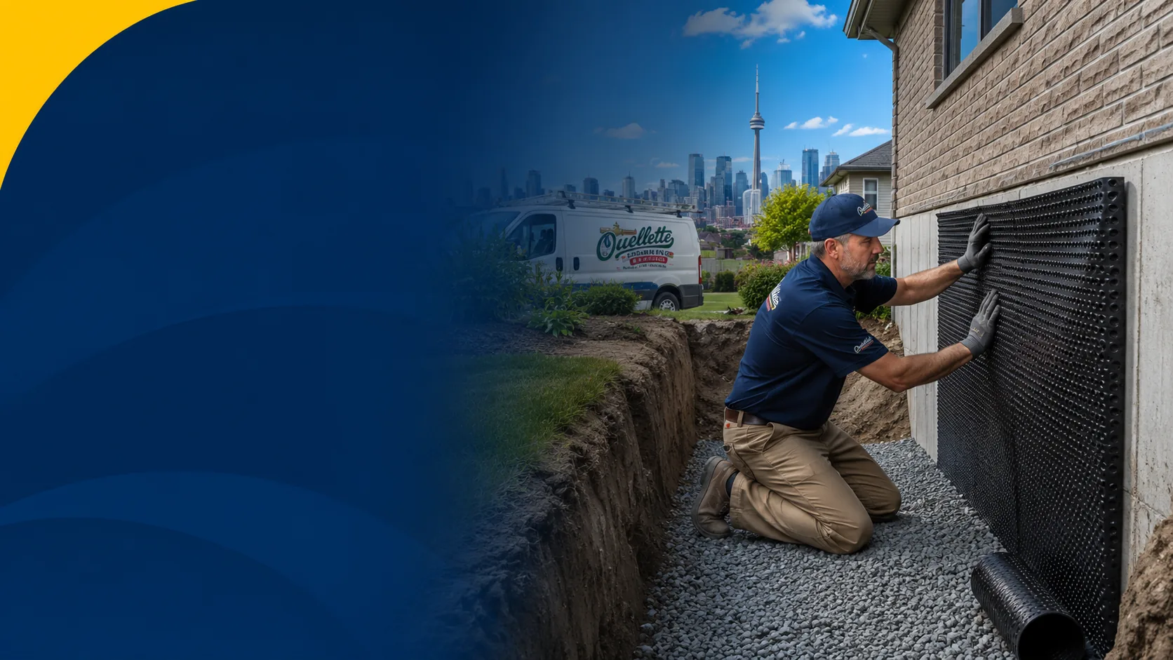 Foundation membrane installation beside Toronto home