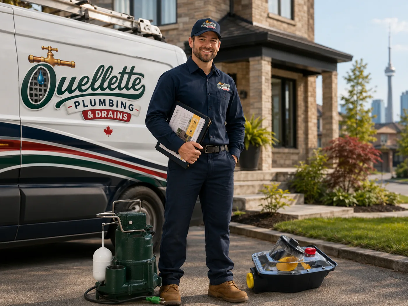 Plumber working outside home with equipment