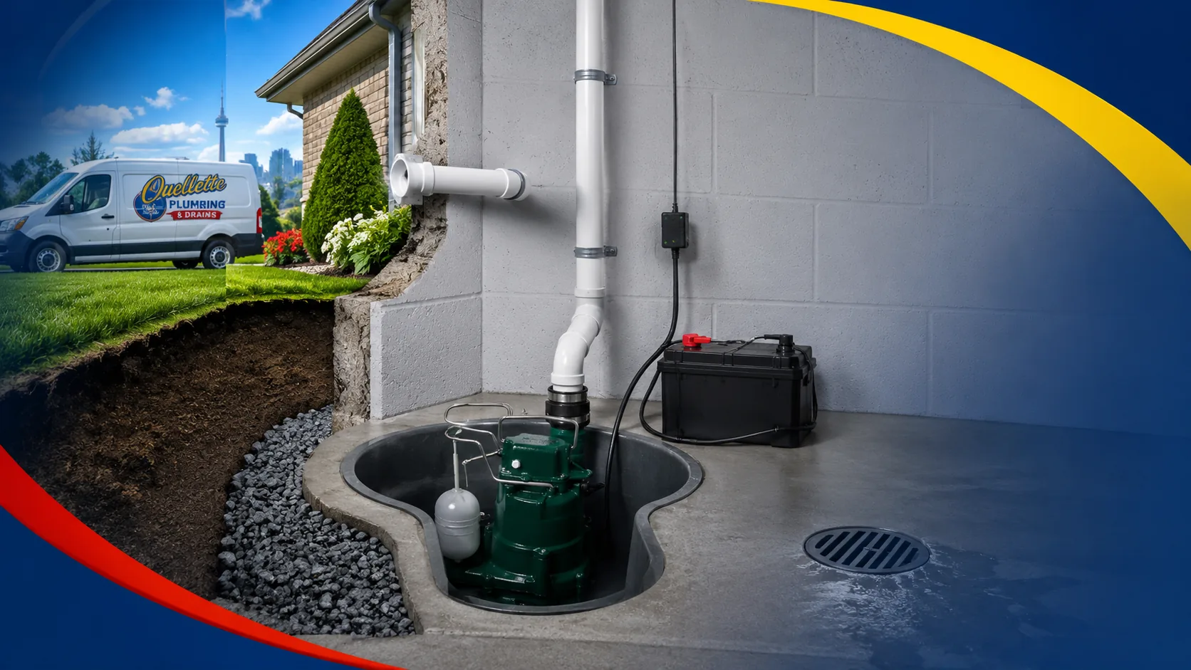 Detailed sump pump and backwater valve close up