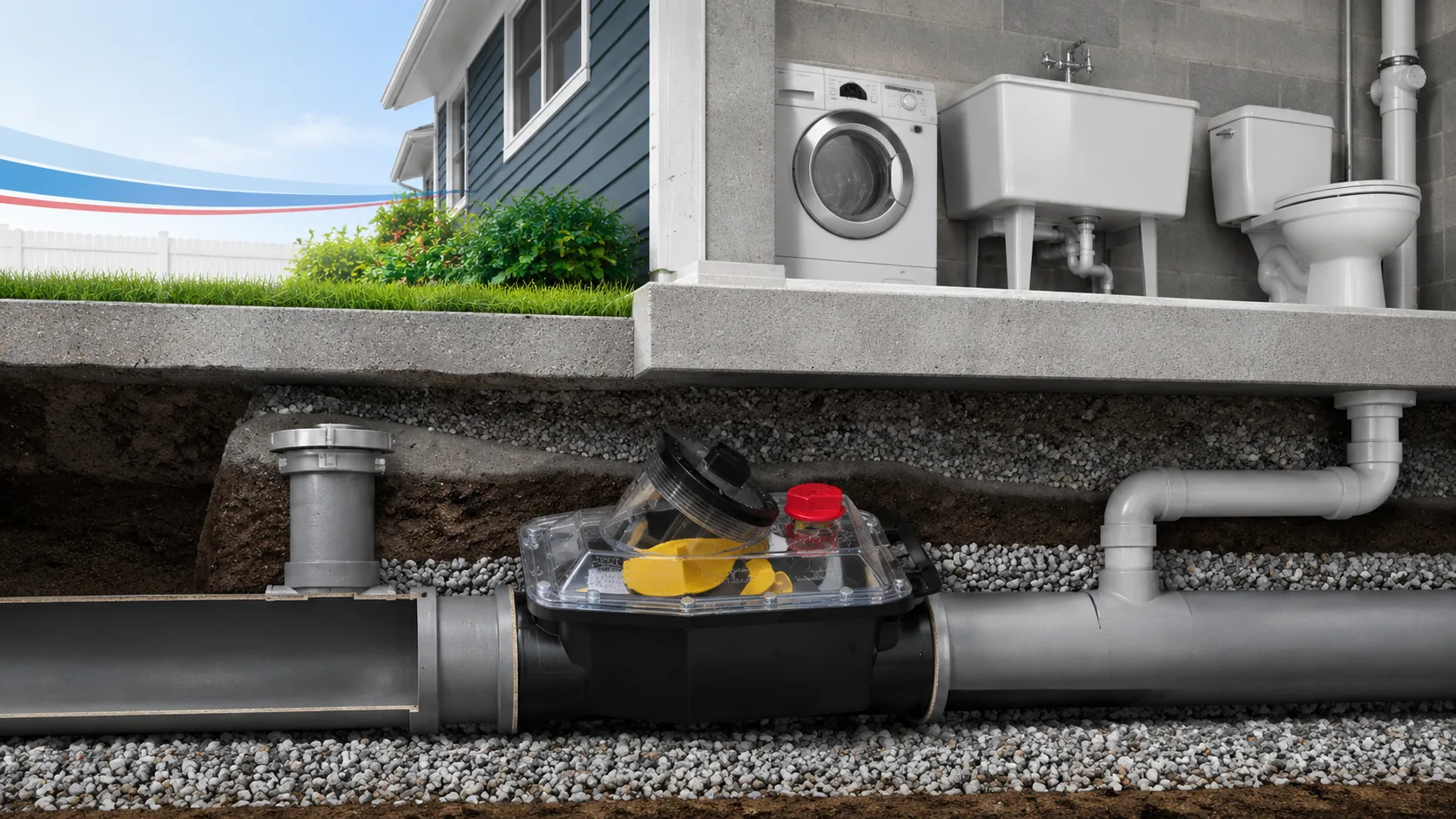 Backwater valve installed on sewer line under floor