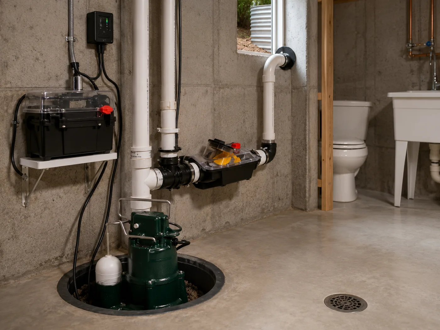 Neat utility room with sump and backwater valve